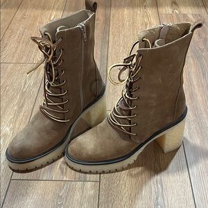 Brown Combat Moto Boots with Distressed Leather and Chunky Sole